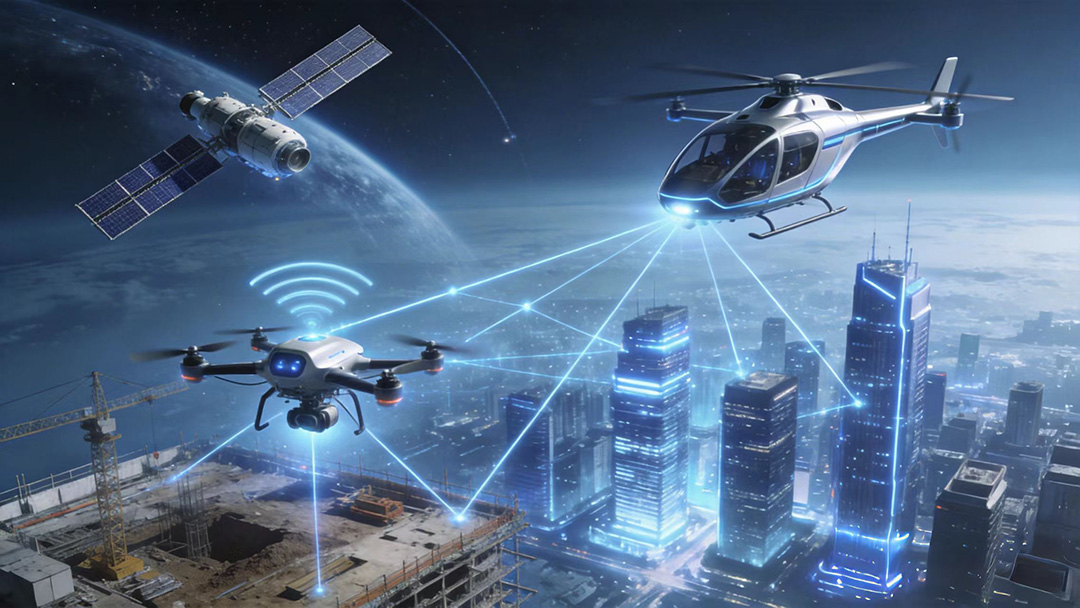 GNSS RTK technology connecting space networks, urban air mobility, and smart construction sites for centimeter-level precision across industries.